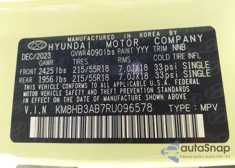 2024 Hyundai Kona Sel z USA, uszkodzony, nr VIN KM8HB3AB7RU096578